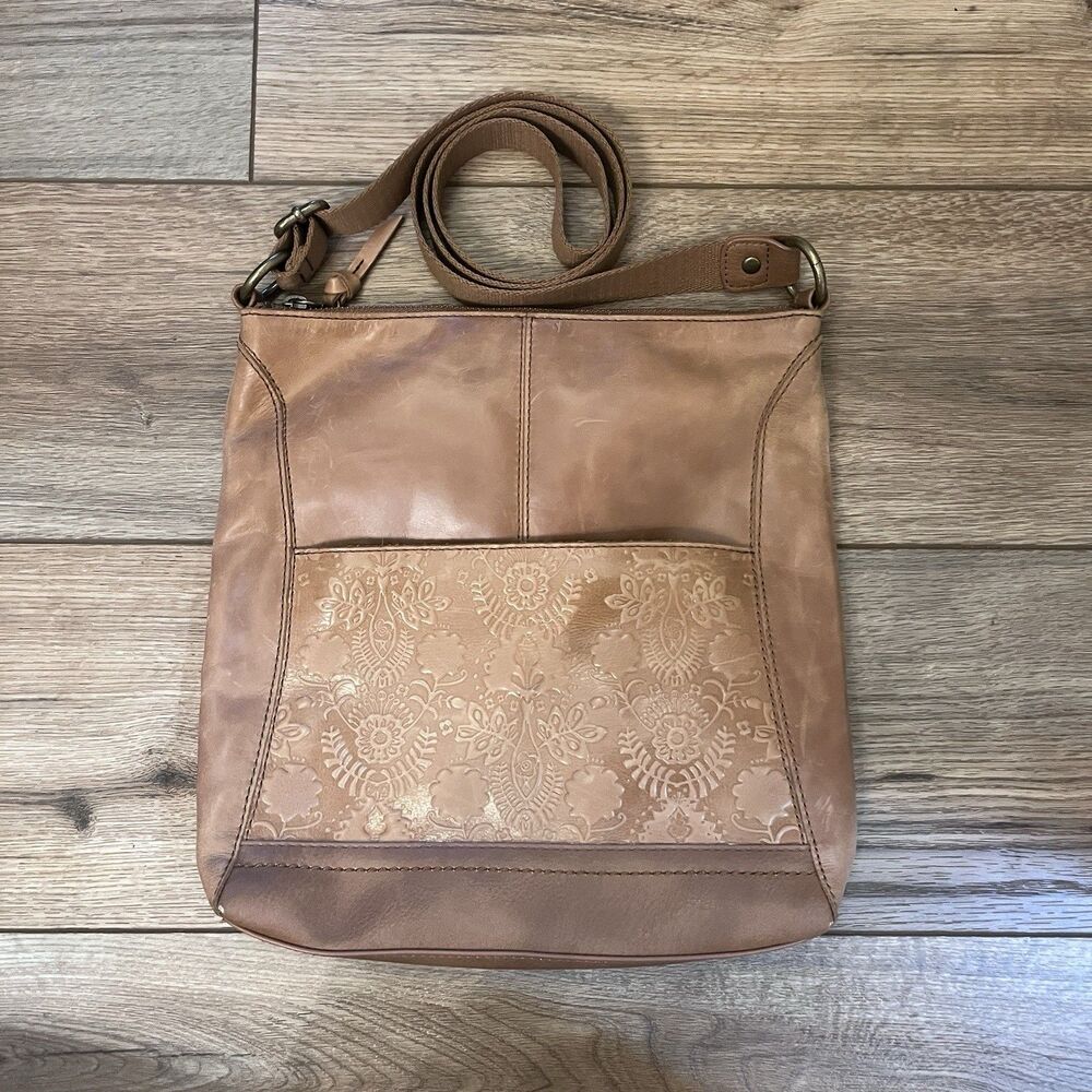 The Sak Lucia Leather Crossbody Bag Tobacco Brown Floral Embossed 12"x12"